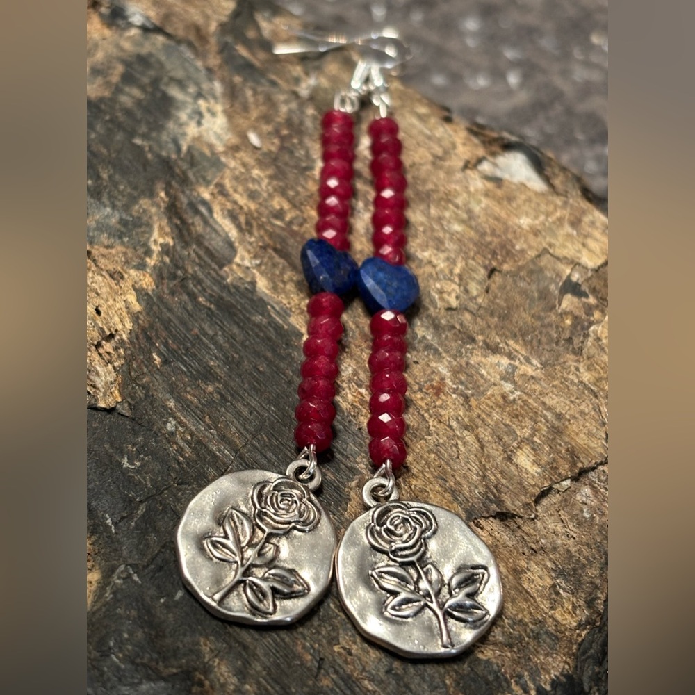 Mystic Rose Talismans • Faceted Garnet & Lapis Hearts • Sterling Silver Hooks